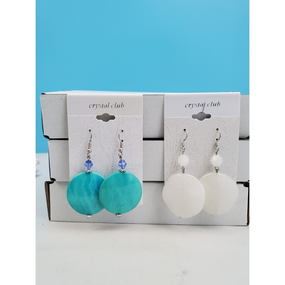 Crystal Club Disc Dangle Earrings Lot Aqua Turquoise White Bead Drop Hook 2...